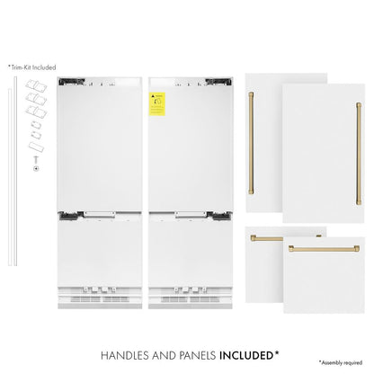 White kitchen cabinet components with handles and panels on a white background