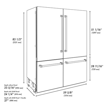 ZLINE Autograph Edition 60 in. 32.2 cu. ft. French Door Built-In Bottom Freezer Refrigerator with Water Dispenser and Ice Maker in White Matte with Polished Gold Accents (RBIVZ-WM-60-G)