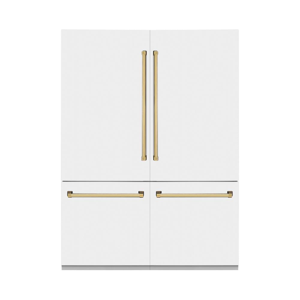 ZLINE Autograph Edition 60 in. 32.2 cu. ft. French Door Built-In Bottom Freezer Refrigerator with Water Dispenser and Ice Maker in White Matte with Polished Gold Accents (RBIVZ-WM-60-G)