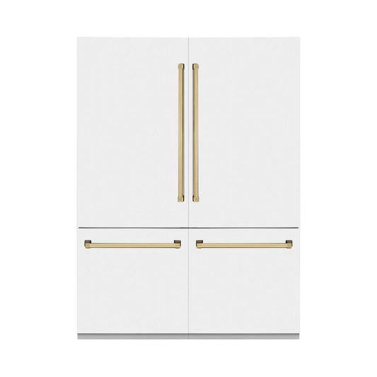 ZLINE Autograph Edition 60 in. 32.2 cu. ft. French Door Built-In Bottom Freezer Refrigerator with Water Dispenser and Ice Maker in White Matte with Polished Gold Accents (RBIVZ-WM-60-G)