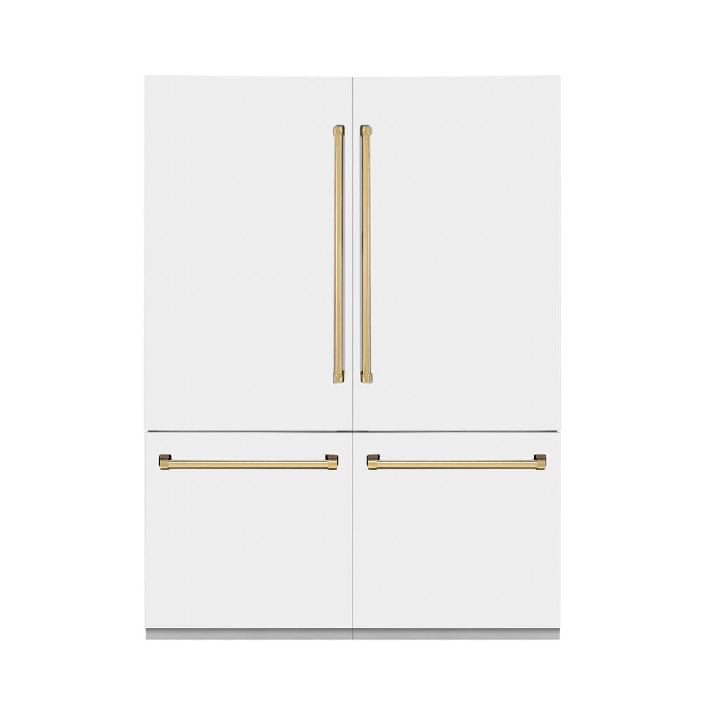 ZLINE Autograph Edition 60 in. 32.2 cu. ft. French Door Built-In Bottom Freezer Refrigerator with Water Dispenser and Ice Maker in White Matte with Polished Gold Accents (RBIVZ-WM-60-G)
