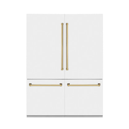 ZLINE Autograph Edition 60 in. 32.2 cu. ft. French Door Built-In Bottom Freezer Refrigerator with Water Dispenser and Ice Maker in White Matte with Polished Gold Accents (RBIVZ-WM-60-G)