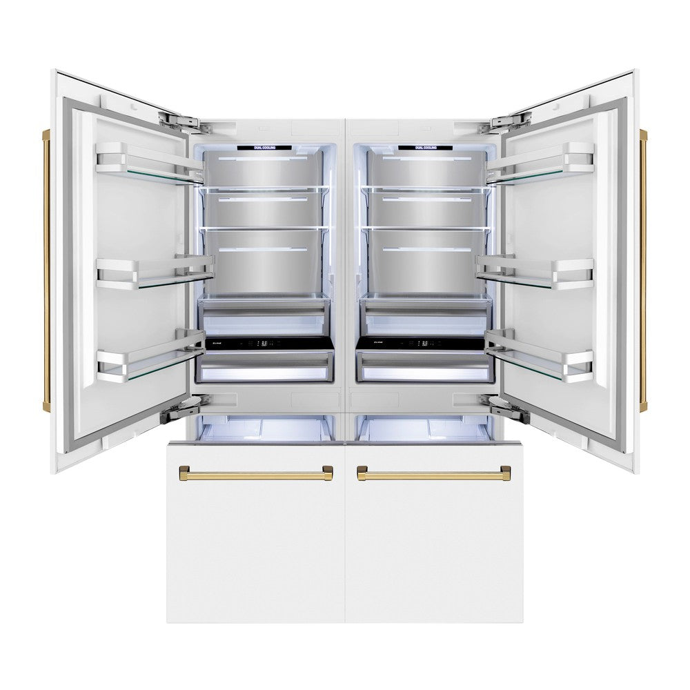 ZLINE Autograph Edition 60 in. 32.2 cu. ft. French Door Built-In Bottom Freezer Refrigerator with Water Dispenser and Ice Maker in White Matte with Polished Gold Accents (RBIVZ-WM-60-G)