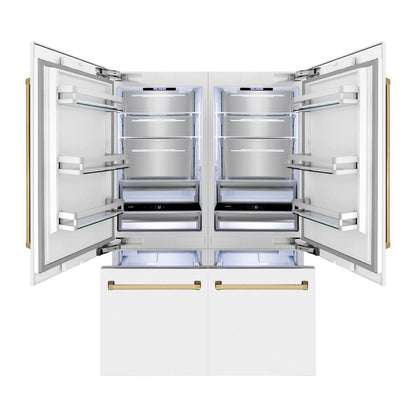ZLINE Autograph Edition 60 in. 32.2 cu. ft. French Door Built-In Bottom Freezer Refrigerator with Water Dispenser and Ice Maker in White Matte with Polished Gold Accents (RBIVZ-WM-60-G)