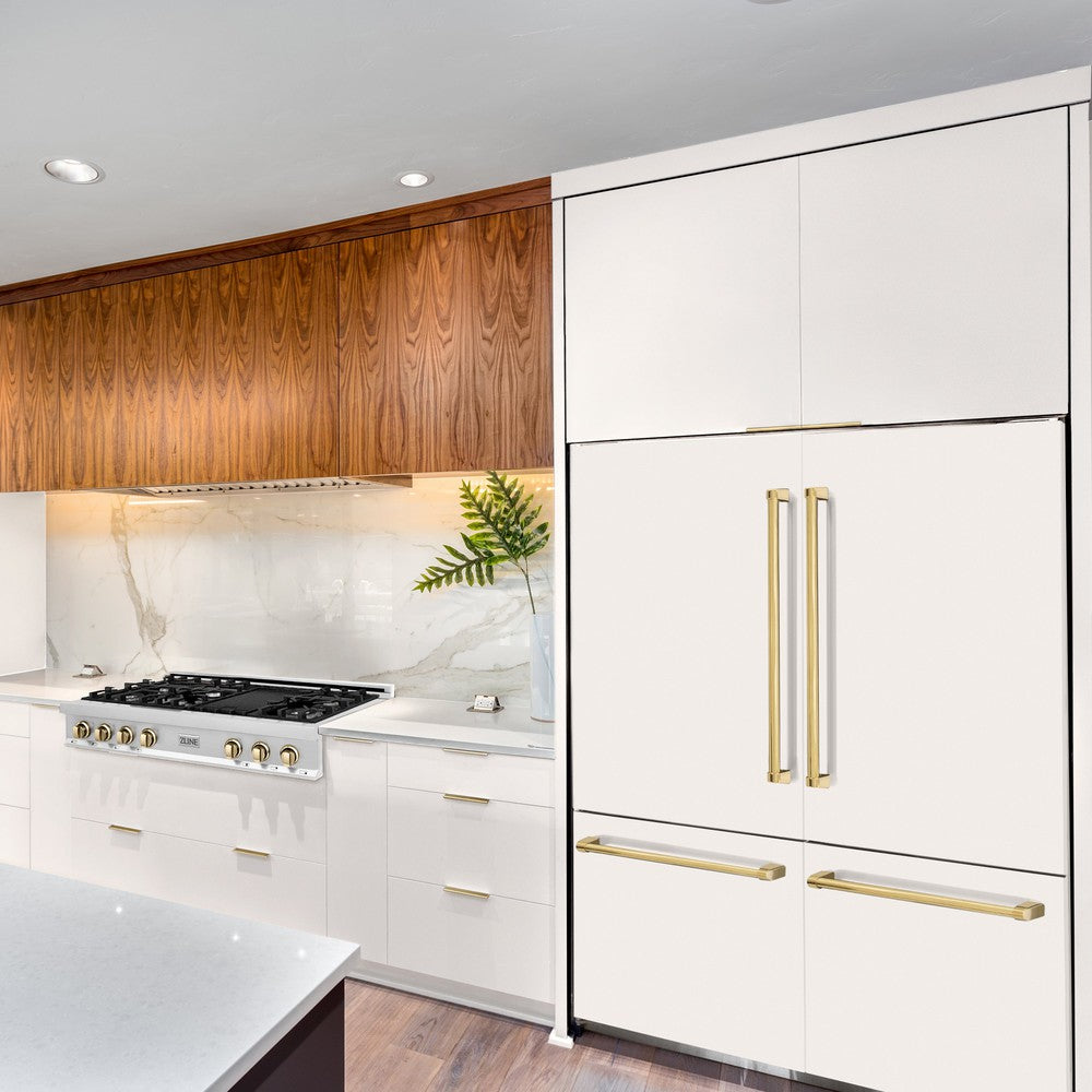 ZLINE Autograph Edition 60 in. 32.2 cu. ft. French Door Built-In Bottom Freezer Refrigerator with Water Dispenser and Ice Maker in White Matte with Polished Gold Accents (RBIVZ-WM-60-G)