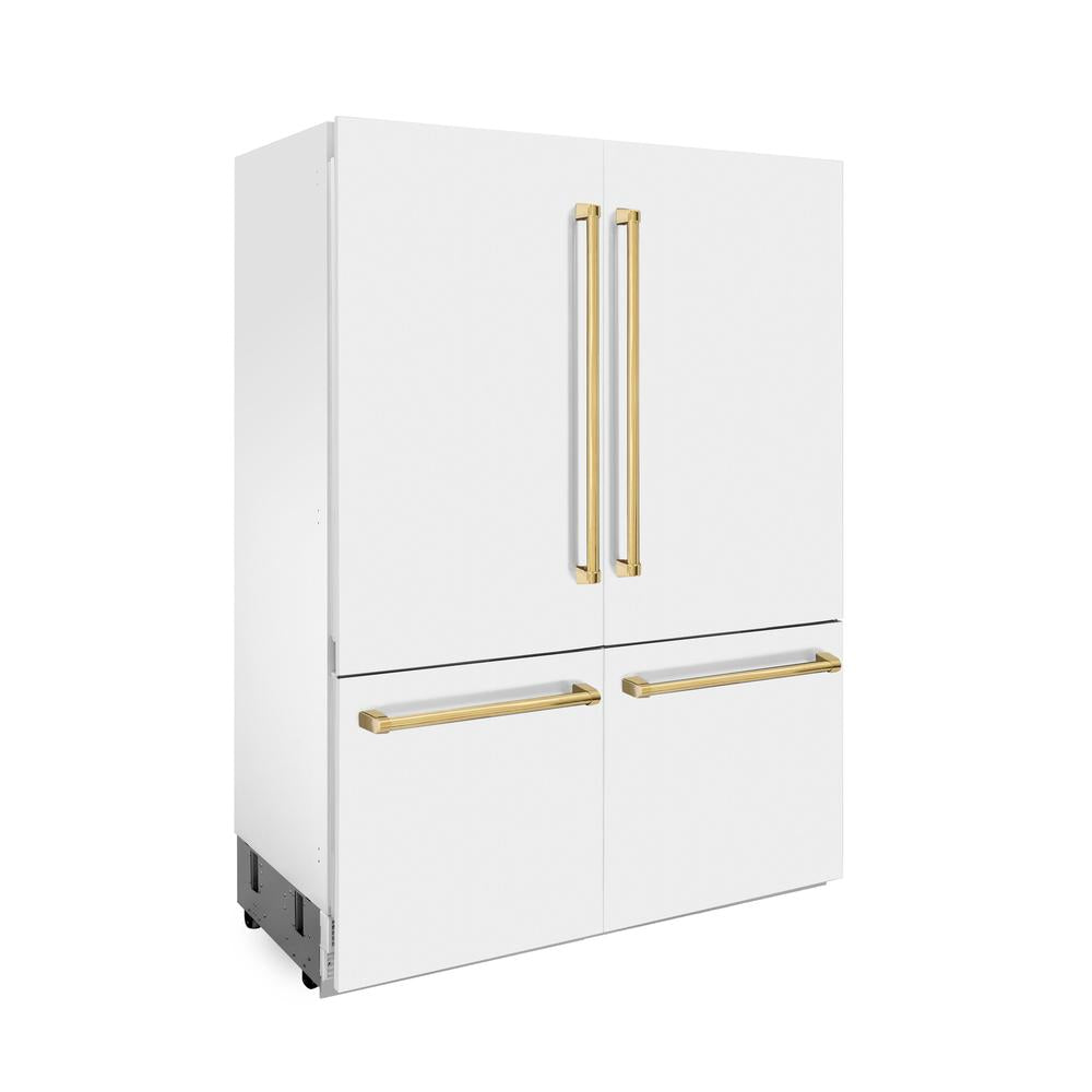 ZLINE Autograph Edition 60 in. 32.2 cu. ft. French Door Built-In Bottom Freezer Refrigerator with Water Dispenser and Ice Maker in White Matte with Polished Gold Accents (RBIVZ-WM-60-G)