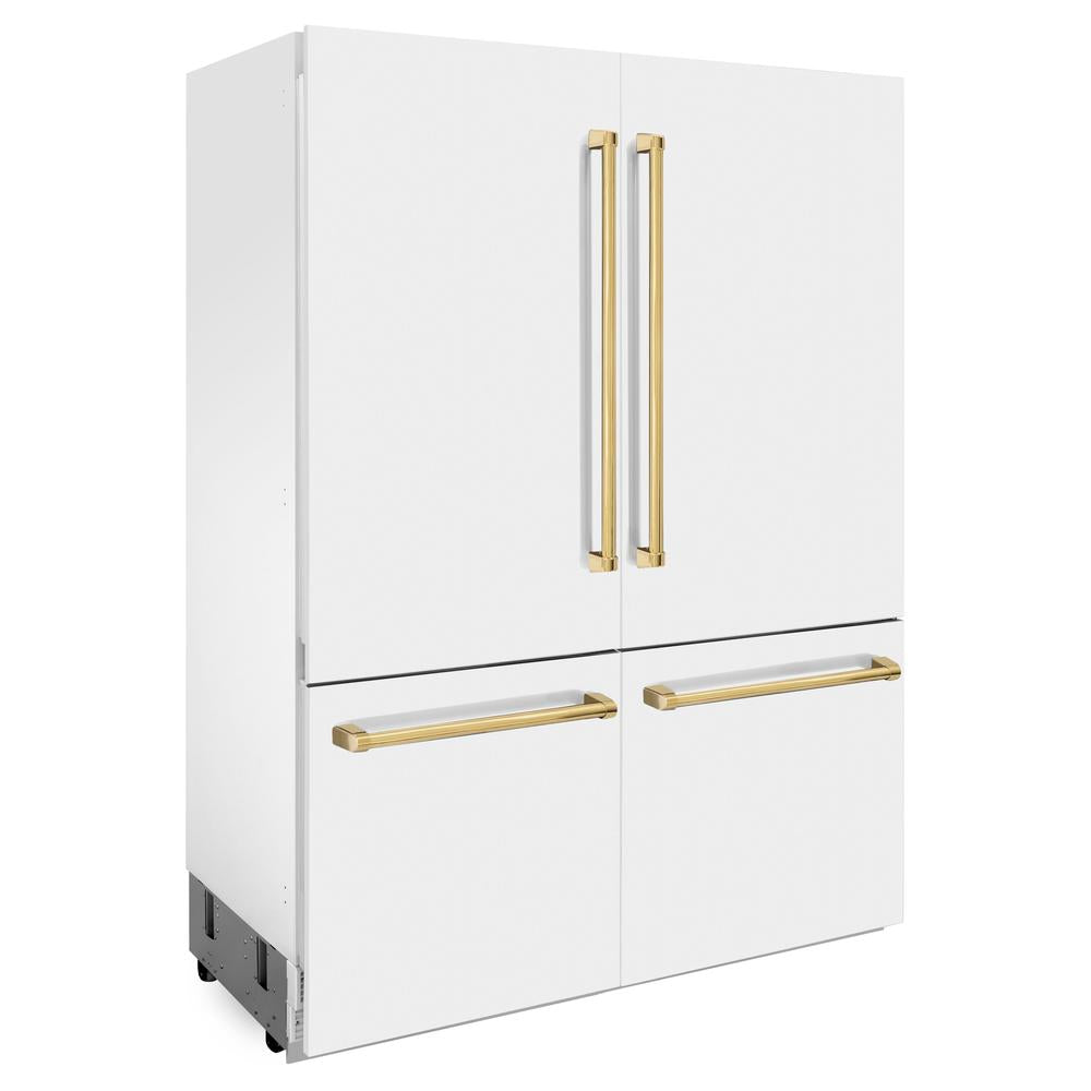 ZLINE Autograph Edition 60 in. 32.2 cu. ft. French Door Built-In Bottom Freezer Refrigerator with Water Dispenser and Ice Maker in White Matte with Polished Gold Accents (RBIVZ-WM-60-G)