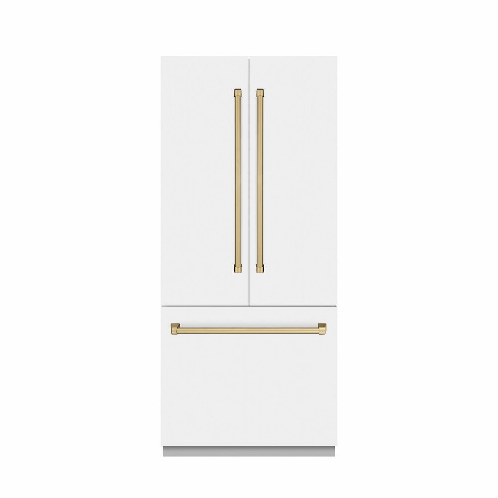 ZLINE Autograph Edition 36 in. 19.6 cu. ft. French Door Built-In Bottom Freezer Refrigerator with Water Dispenser and Ice Maker in White Matte with Stainless Steel Interior and Champagne Bronze Accents (SRBIVZ-WM-36-CB)