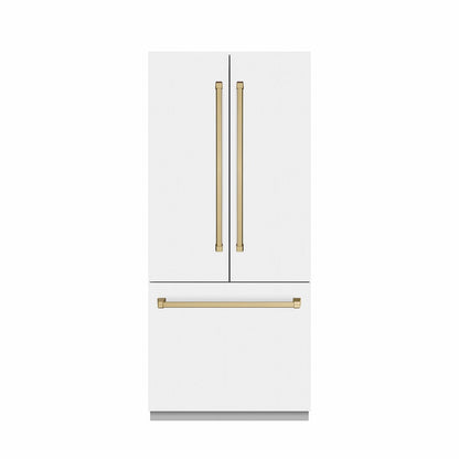ZLINE Autograph Edition 36 in. 19.6 cu. ft. French Door Built-In Bottom Freezer Refrigerator with Water Dispenser and Ice Maker in White Matte with Stainless Steel Interior and Champagne Bronze Accents (SRBIVZ-WM-36-CB)