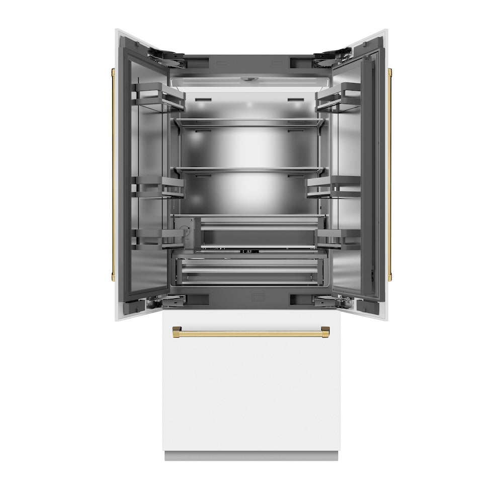 ZLINE Autograph Edition 36 in. 19.6 cu. ft. French Door Built-In Bottom Freezer Refrigerator with Water Dispenser and Ice Maker in White Matte with Stainless Steel Interior and Polished Gold Accents (SRBIVZ-WM-36-G)