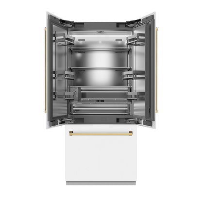 ZLINE Autograph Edition 36 in. 19.6 cu. ft. French Door Built-In Bottom Freezer Refrigerator with Water Dispenser and Ice Maker in White Matte with Stainless Steel Interior and Polished Gold Accents (SRBIVZ-WM-36-G)