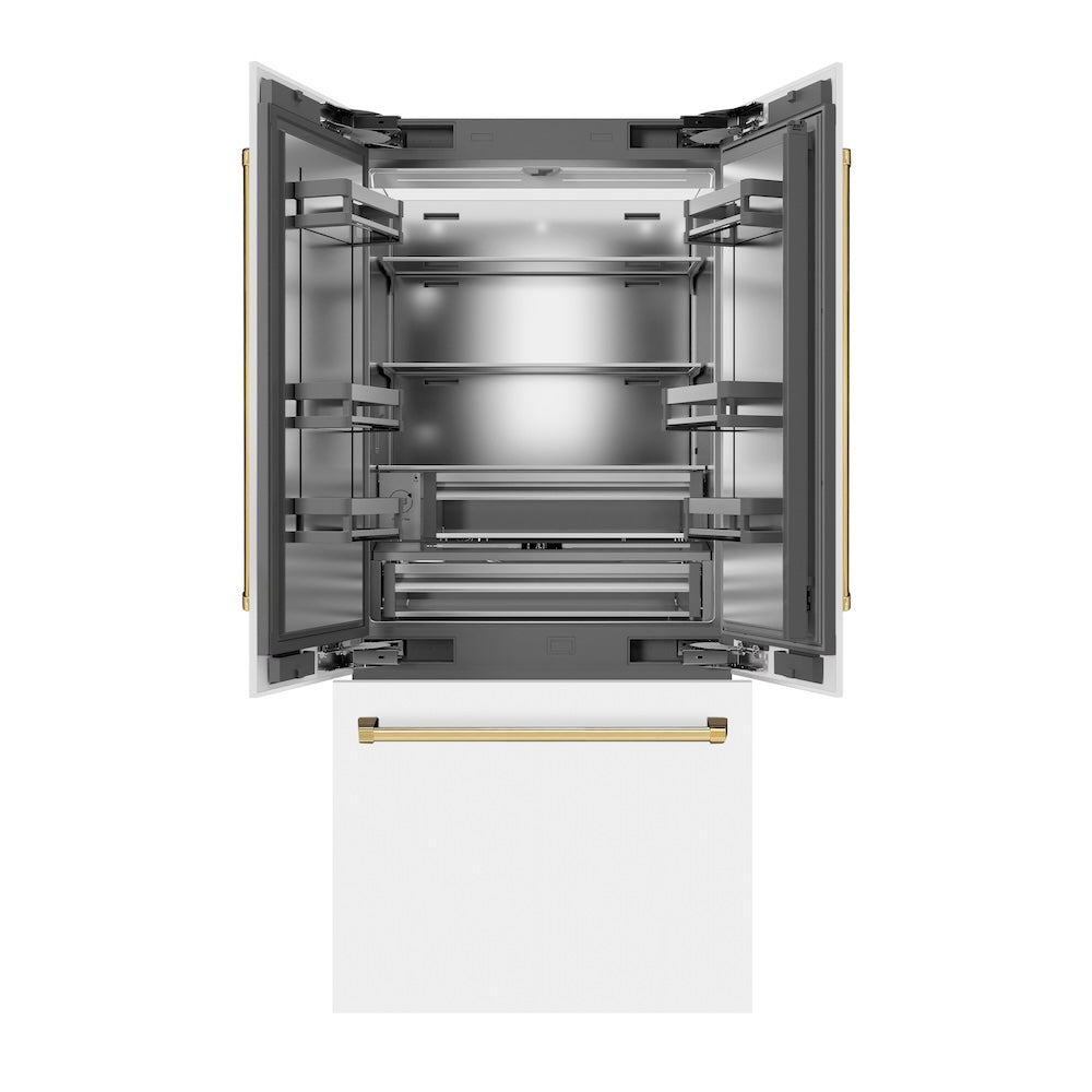 ZLINE Autograph Edition 36 in. 19.6 cu. ft. French Door Built-In Bottom Freezer Refrigerator with Water Dispenser and Ice Maker in White Matte with Stainless Steel Interior and Polished Gold Accents (SRBIVZ-WM-36-G)