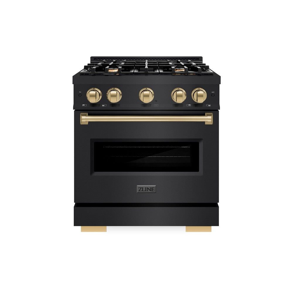 ZLINE Autograph Edition 30 in. 4.2 cu. ft. Classic Gas Range with 4 Burner Cooktop and Convection Gas Oven in Black Stainless Steel and Champagne Bronze Accents (CGRBZ-30-CB)