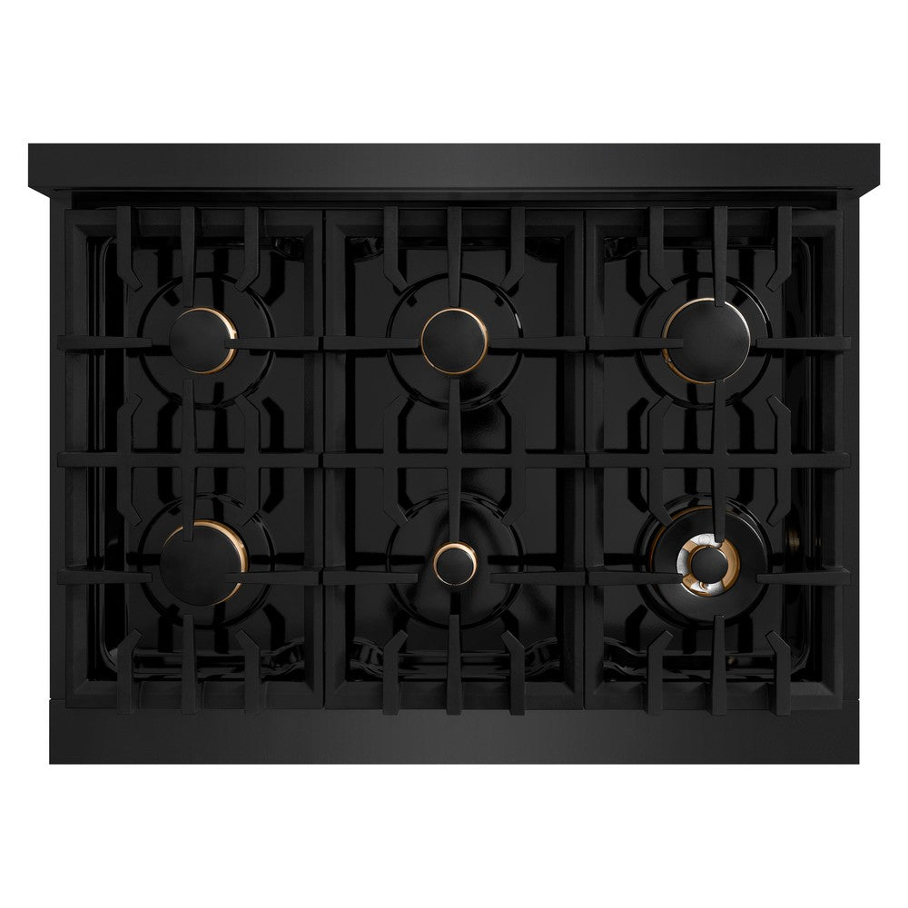 ZLINE 36 in. 5.2 cu. ft. Select Dual Fuel Range with Gas Cooktop and Electric Convection Oven in Black Stainless Steel with 6 Brass Burners (HDRB-BR-36)