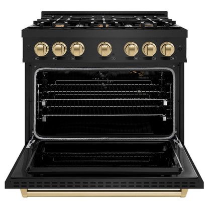 ZLINE Autograph Edition 36 in. 5.2 cu. ft. Classic Gas Range with 6 Burner Cooktop and Convection Gas Oven in Black Stainless Steel and Champagne Bronze Accents (CGRBZ-36-CB)