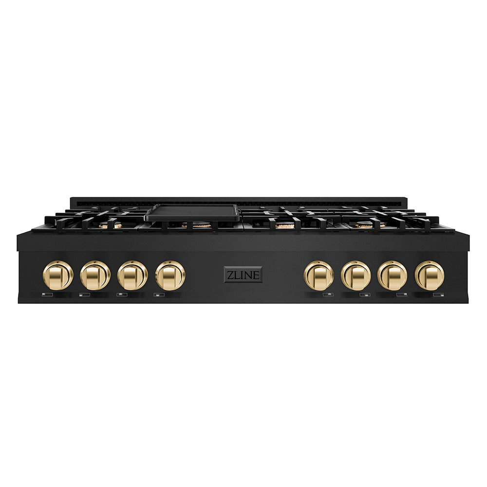 ZLINE Autograph Edition 48 in. Classic Gas Rangetop with 8 Burners and Porcelain Cooktop in Black Stainless Steel with Polished Gold Accents (RTBZ-48-G)