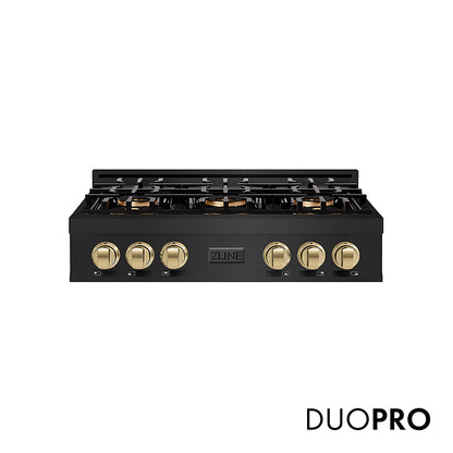 ZLINE Autograph Edition 36 in. Classic Gas Rangetop with 6 Burner DuoPro™ Cooktop in Black Stainless Steel and Champagne Bronze Accents (PCRTBZ-36-CB)