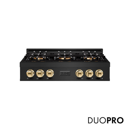 ZLINE Autograph Edition 36 in. Classic Gas Rangetop with 6 Burner DuoPro™ Cooktop in Black Stainless Steel and Polished Gold Accents (PCRTBZ-36-G)