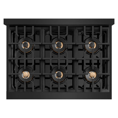 ZLINE Autograph Edition 36 in. Classic Gas Rangetop with 6 Burner DuoPro™ Cooktop in Black Stainless Steel and Polished Gold Accents (PCRTBZ-36-G)