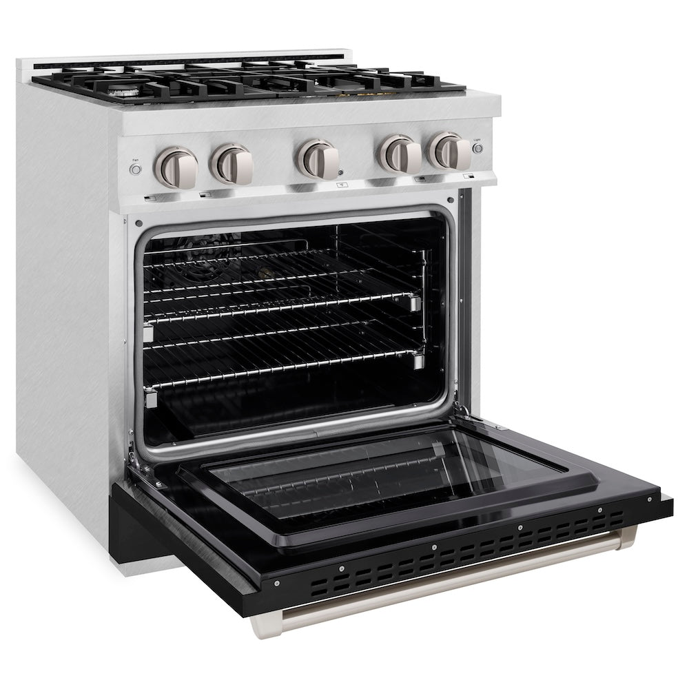 ZLINE 30 in. 4.2 cu. ft. Select Dual Fuel Range with 4 Burner Gas Cooktop and Electric Convection Oven in Satin Stainless Steel with Black Matte Door (HDRS-BLM-30)