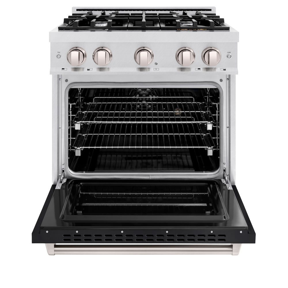 ZLINE 30 in. 4.2 cu. ft. Classic Dual Fuel Range with 4 Burner Gas Cooktop and Electric Convection Oven in Satin Stainless Steel with Black Matte Door (CDRS-BLM-30)