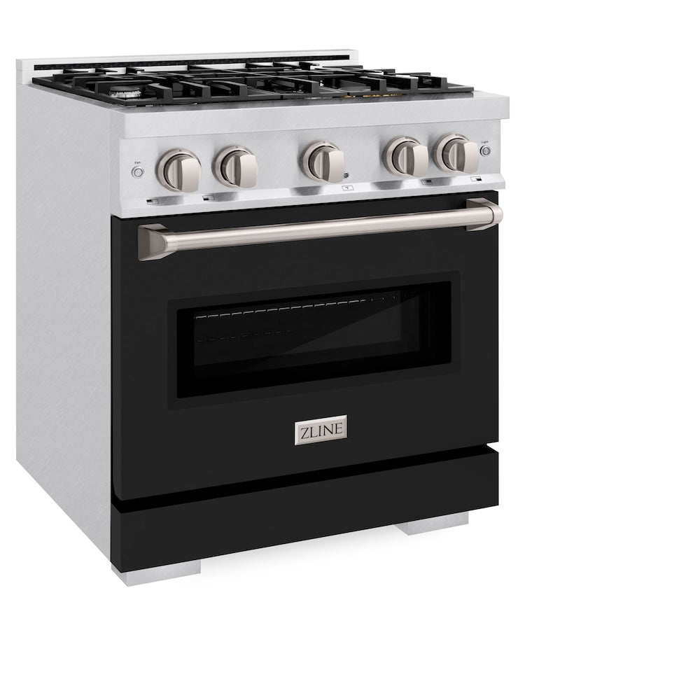 ZLINE 30 in. 4.2 cu. ft. Classic Dual Fuel Range with 4 Burner Gas Cooktop and Electric Convection Oven in Satin Stainless Steel with Black Matte Door (CDRS-BLM-30)