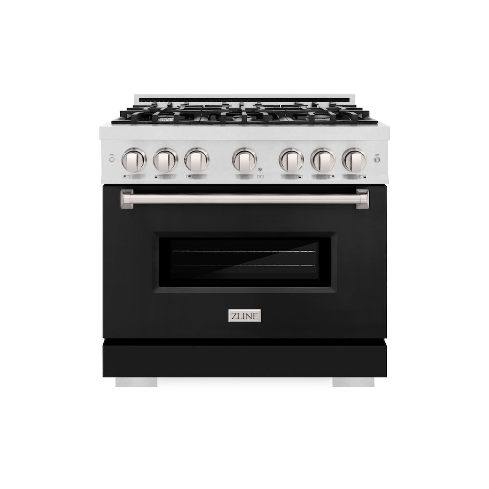 ZLINE 36 in. 5.2 cu. ft. Classic Dual Fuel Range with 6 Burner Gas Cooktop and Electric Convection Oven in Satin Stainless Steel with Black Matte Door (CDRS-BLM-36)