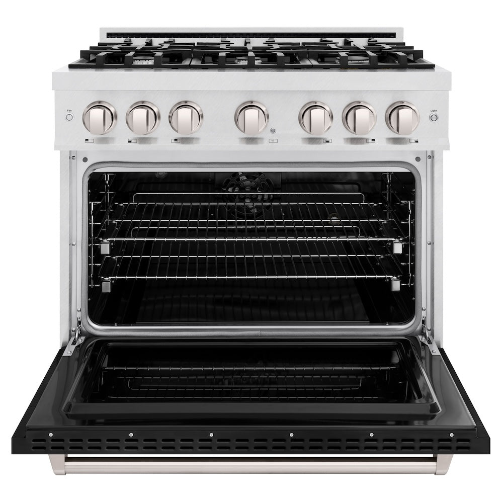 ZLINE 36 in. 5.2 cu. ft. Classic Dual Fuel Range with 6 Burner Gas Cooktop and Electric Convection Oven in Satin Stainless Steel with Black Matte Door (CDRS-BLM-36)