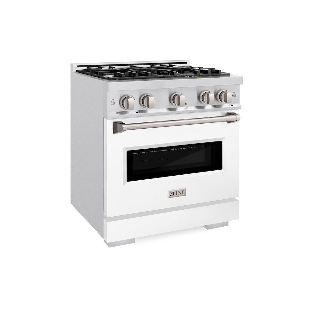 ZLINE 30 in. 4.2 cu. ft. Classic Dual Fuel Range with 4 Burner Gas Cooktop and Electric Convection Oven in Satin Stainless Steel with White Matte Door (CDRS-WM-30)