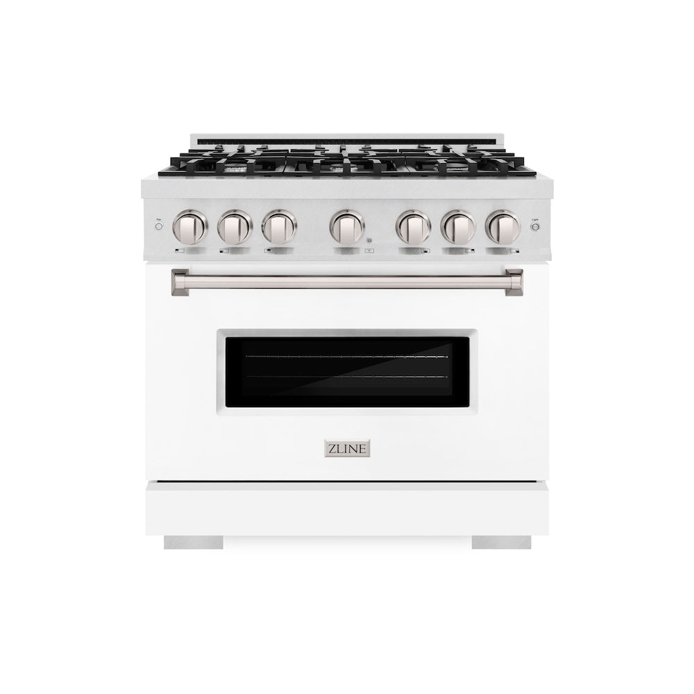ZLINE 36 in. 5.2 cu. ft. Classic Dual Fuel Range with 6 Burner Gas Cooktop and Electric Convection Oven in Satin Stainless Steel with White Matte Door (CDRS-WM-36)