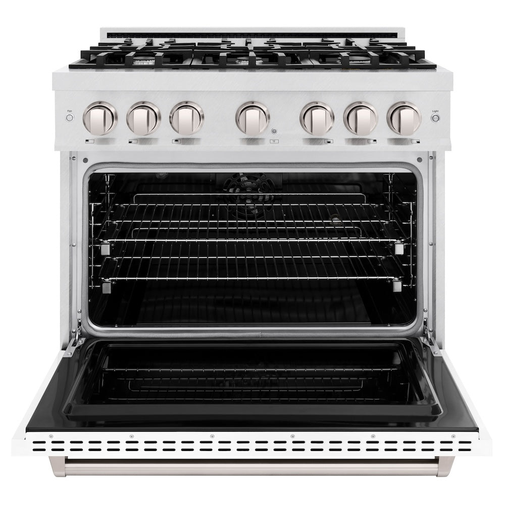 ZLINE 36 in. 5.2 cu. ft. Classic Dual Fuel Range with 6 Burner Gas Cooktop and Electric Convection Oven in Satin Stainless Steel with White Matte Door (CDRS-WM-36)