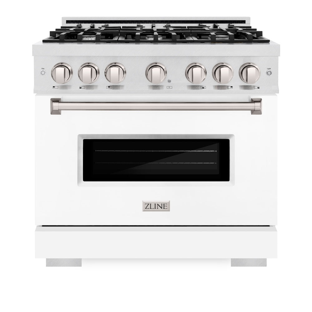 ZLINE 36 in. 5.2 cu. ft. Classic Dual Fuel Range with 6 Burner Gas Cooktop and Electric Convection Oven in Satin Stainless Steel with White Matte Door (CDRS-WM-36)