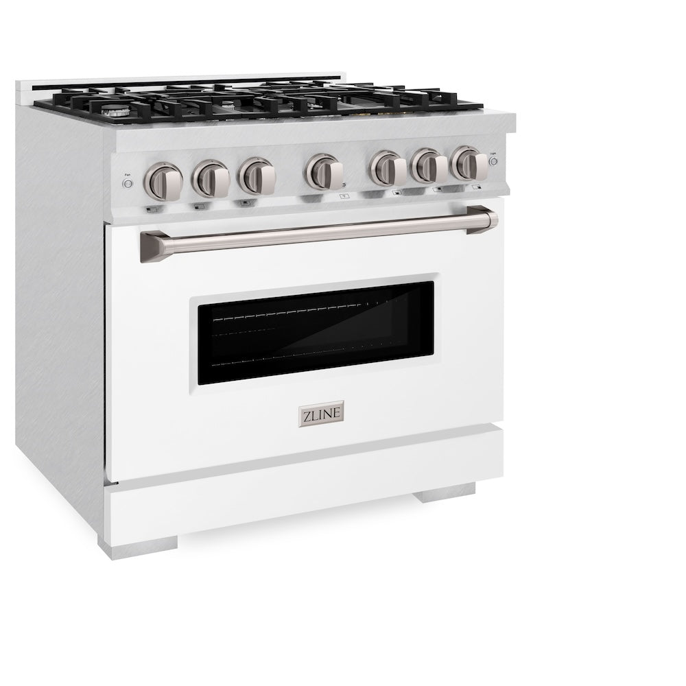 ZLINE 36 in. 5.2 cu. ft. Classic Dual Fuel Range with 6 Burner Gas Cooktop and Electric Convection Oven in Satin Stainless Steel with White Matte Door (CDRS-WM-36)