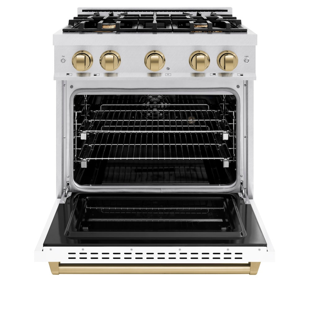 ZLINE Autograph Edition 30 in. 4.2 cu. ft. Classic Dual Fuel Range with 4 Burner Gas Cooktop and Electric Convection Oven in Satin Stainless Steel with White Matte Door and Champagne Bronze Accents (CDRSZ-WM-30-CB)