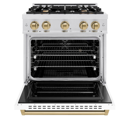 ZLINE Autograph Edition 30 in. 4.2 cu. ft. Classic Dual Fuel Range with 4 Burner Gas Cooktop and Electric Convection Oven in Satin Stainless Steel with White Matte Door and Champagne Bronze Accents (CDRSZ-WM-30-CB)