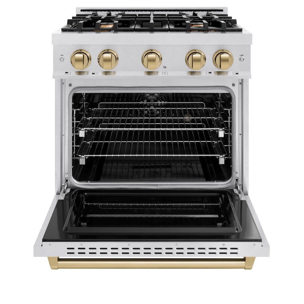 ZLINE Autograph Edition 30 in. 4.2 cu. ft. Classic Dual Fuel Range with 4 Burner Gas Cooktop and Electric Convection Oven in Satin Stainless Steel with Champagne Bronze Accents (CDRSZ-30-CB)