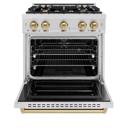 ZLINE Autograph Edition 30 in. 4.2 cu. ft. Classic Dual Fuel Range with 4 Burner Gas Cooktop and Electric Convection Oven in Satin Stainless Steel with Champagne Bronze Accents (CDRSZ-30-CB)
