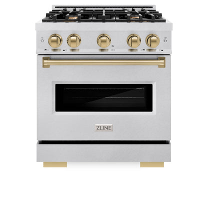 ZLINE Autograph Edition 30 in. 4.2 cu. ft. Classic Dual Fuel Range with 4 Burner Gas Cooktop and Electric Convection Oven in Satin Stainless Steel with Champagne Bronze Accents (CDRSZ-30-CB)