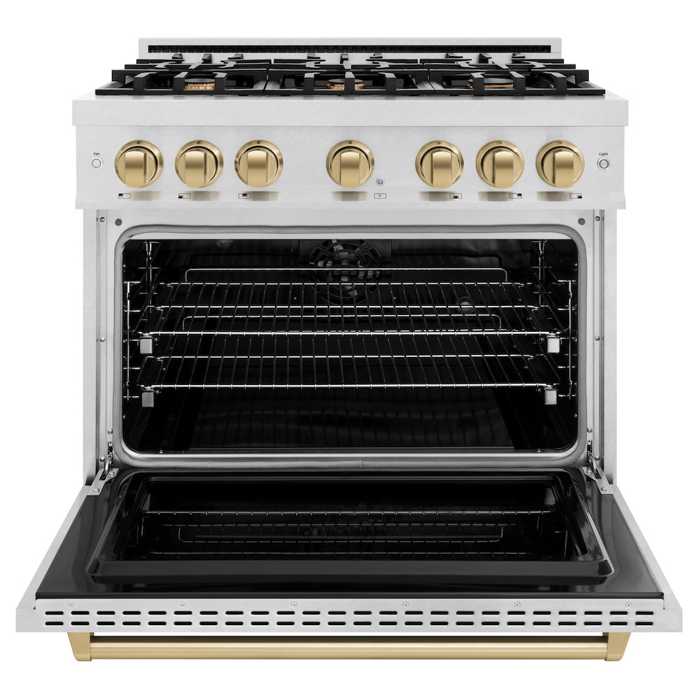 ZLINE Autograph Edition 36 in. 5.2 cu. ft. Classic Dual Fuel Range with 6 Burner Gas Cooktop and Electric Convection Oven in Satin Stainless Steel with Champagne Bronze Accents (CDRSZ-36-CB)