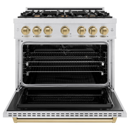 ZLINE Autograph Edition 36 in. 5.2 cu. ft. Classic Dual Fuel Range with 6 Burner Gas Cooktop and Electric Convection Oven in Satin Stainless Steel with Champagne Bronze Accents (CDRSZ-36-CB)