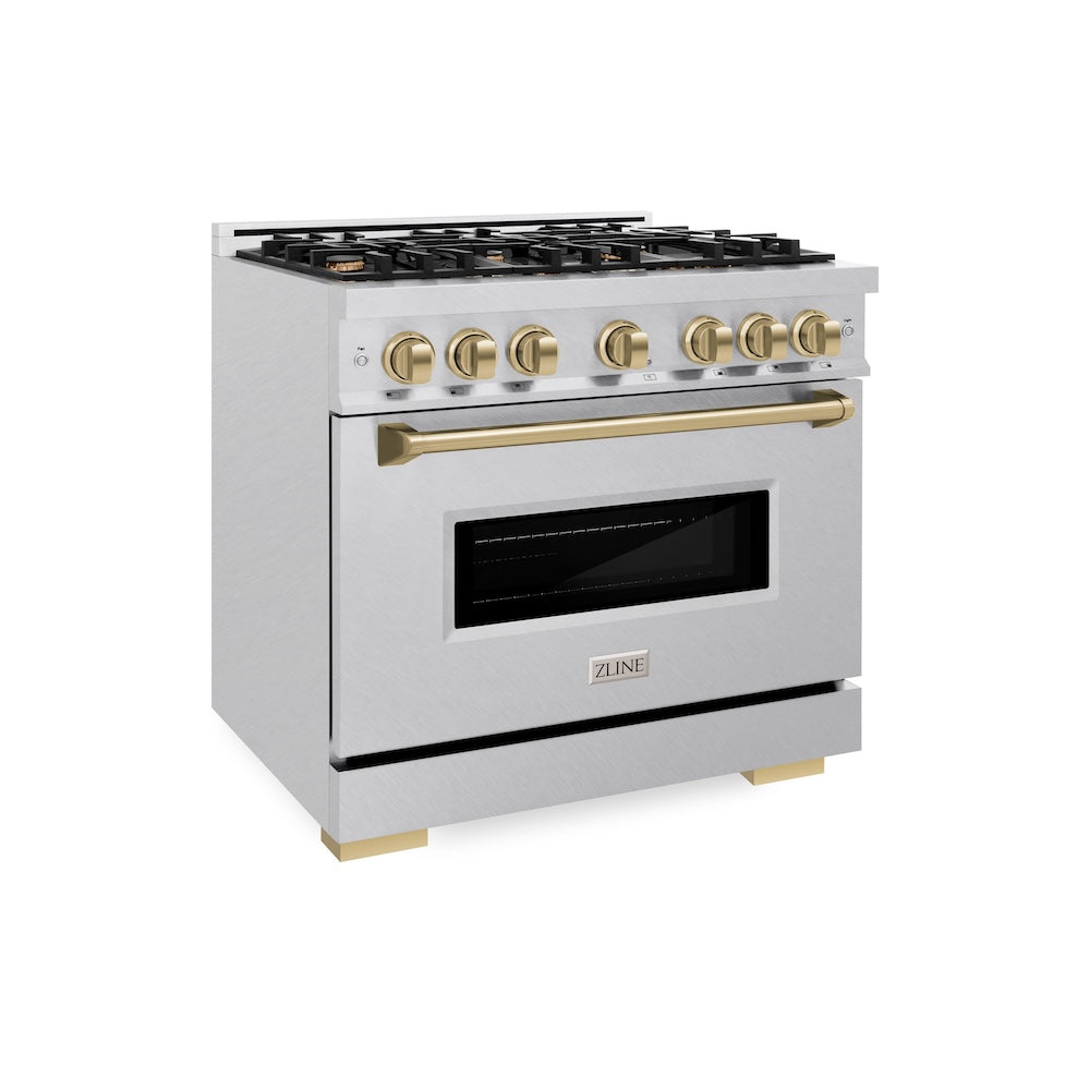 ZLINE Autograph Edition 36 in. 5.2 cu. ft. Classic Dual Fuel Range with 6 Burner Gas Cooktop and Electric Convection Oven in Satin Stainless Steel with Champagne Bronze Accents (CDRSZ-36-CB)