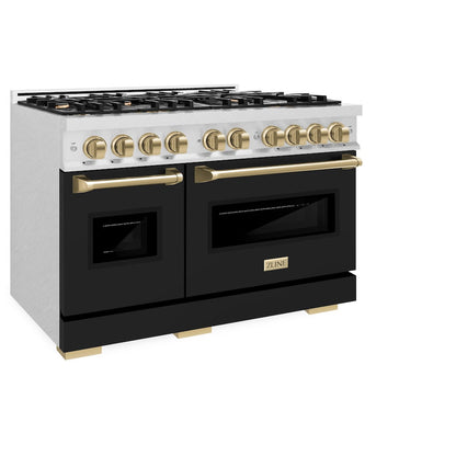 ZLINE Autograph Edition 48 in. 6.7 cu. ft. Classic Double Oven Dual Fuel Range with 8 Burner Gas Cooktop in Satin Stainless Steel with Black Matte Doors and Champagne Bronze Accents (CDRSZ-BLM-48-CB)