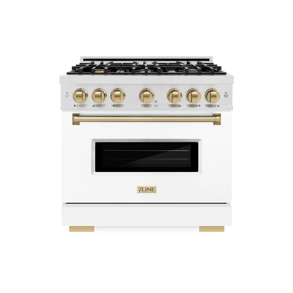 ZLINE Autograph Edition 36 in. 5.2 cu. ft. Classic Dual Fuel Range with 6 Burner Gas Cooktop and Electric Convection Oven in Satin Stainless Steel with White Matte Door and Champagne Bronze Accents (CDRSZ-WM-36-CB)