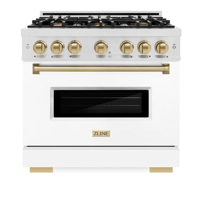 ZLINE Autograph Edition 36 in. 5.2 cu. ft. Classic Dual Fuel Range with 6 Burner Gas Cooktop and Electric Convection Oven in Satin Stainless Steel with White Matte Door and Champagne Bronze Accents (CDRSZ-WM-36-CB)