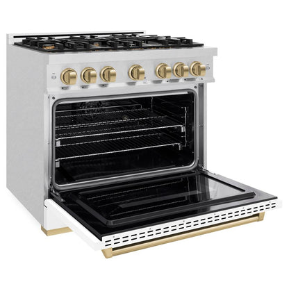 ZLINE Autograph Edition 36 in. 5.2 cu. ft. Classic Dual Fuel Range with 6 Burner Gas Cooktop and Electric Convection Oven in Satin Stainless Steel with White Matte Door and Champagne Bronze Accents (CDRSZ-WM-36-CB)