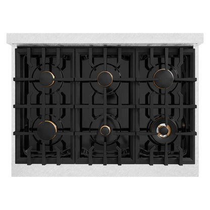 ZLINE Autograph Edition 36 in. 5.2 cu. ft. Classic Dual Fuel Range with 6 Burner Gas Cooktop and Electric Convection Oven in Satin Stainless Steel with White Matte Door and Champagne Bronze Accents (CDRSZ-WM-36-CB)