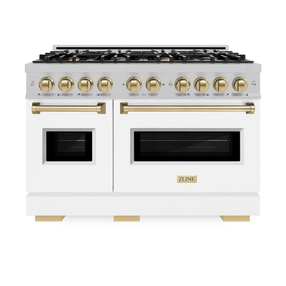 ZLINE Autograph Edition 48 in. 6.7 cu. ft. Classic Double Oven Dual Fuel Range with 8 Burner Gas Cooktop in Satin Stainless Steel with White Matte Doors and Champagne Bronze Accents (CDRSZ-WM-48-CB)