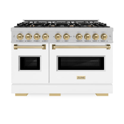 ZLINE Autograph Edition 48 in. 6.7 cu. ft. Classic Double Oven Dual Fuel Range with 8 Burner Gas Cooktop in Satin Stainless Steel with White Matte Doors and Champagne Bronze Accents (CDRSZ-WM-48-CB)