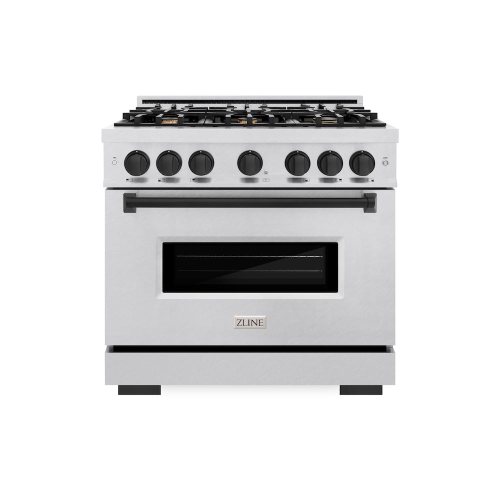 ZLINE Autograph Edition 36 in. 5.2 cu. ft. Classic Dual Fuel Range with 6 Burner Gas Cooktop and Electric Convection Oven in Satin Stainless Steel with Matte Black Accents (CDRSZ-36-MB)