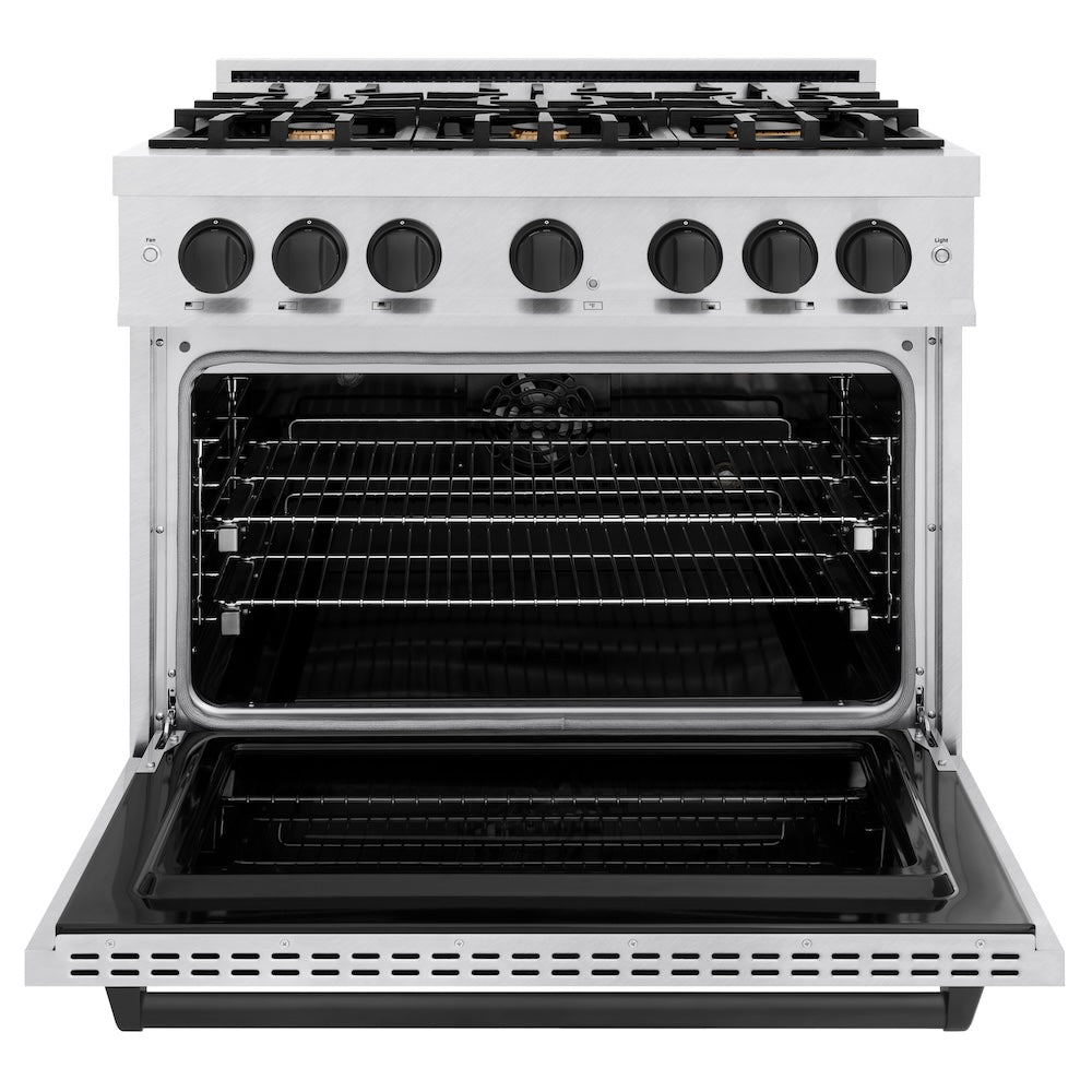 ZLINE Autograph Edition 36 in. 5.2 cu. ft. Classic Dual Fuel Range with 6 Burner Gas Cooktop and Electric Convection Oven in Satin Stainless Steel with Matte Black Accents (CDRSZ-36-MB)